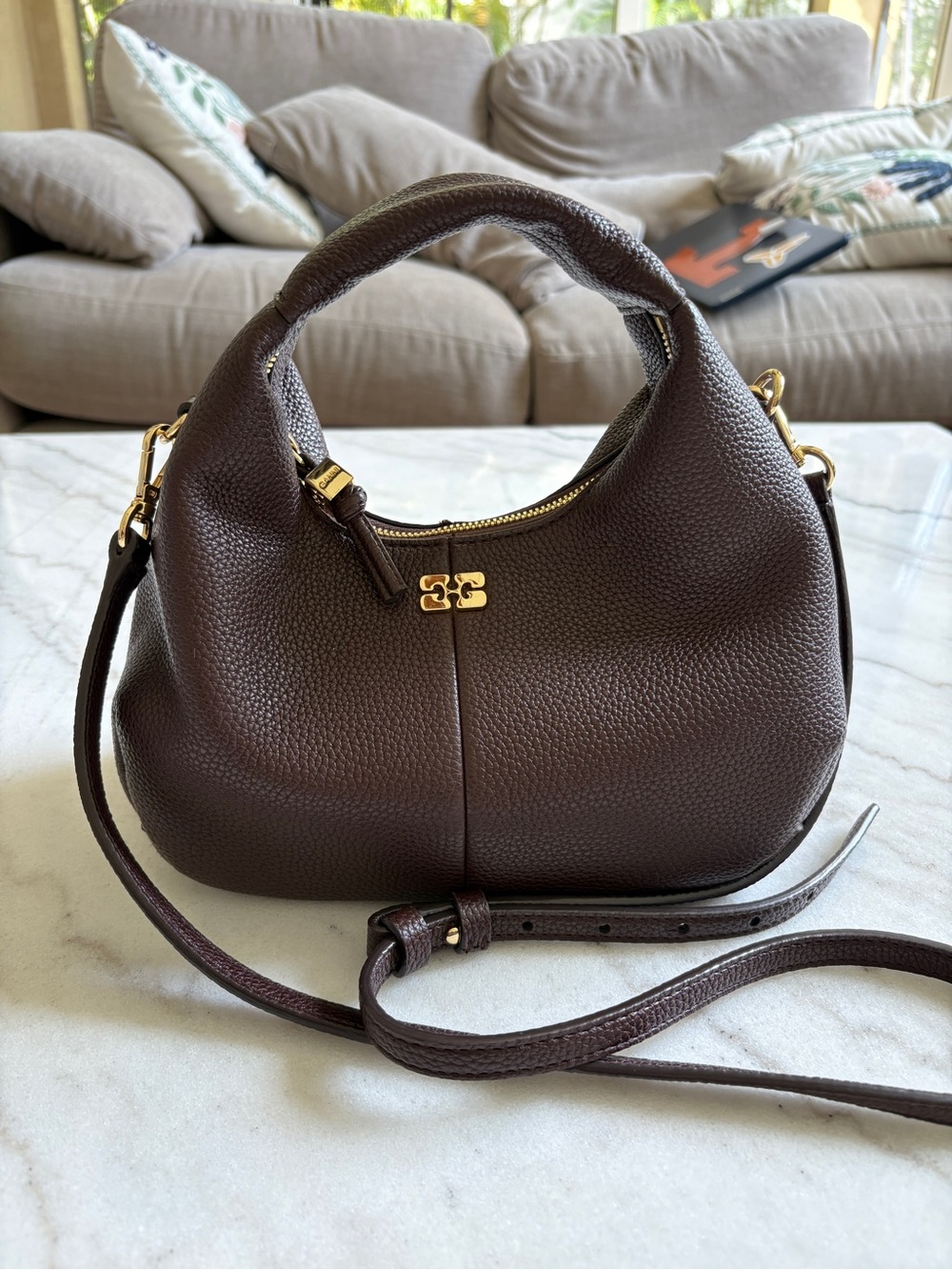 GANNI Mini Hobo Chocolate Brown Crossbody Bag with Gold Hardware